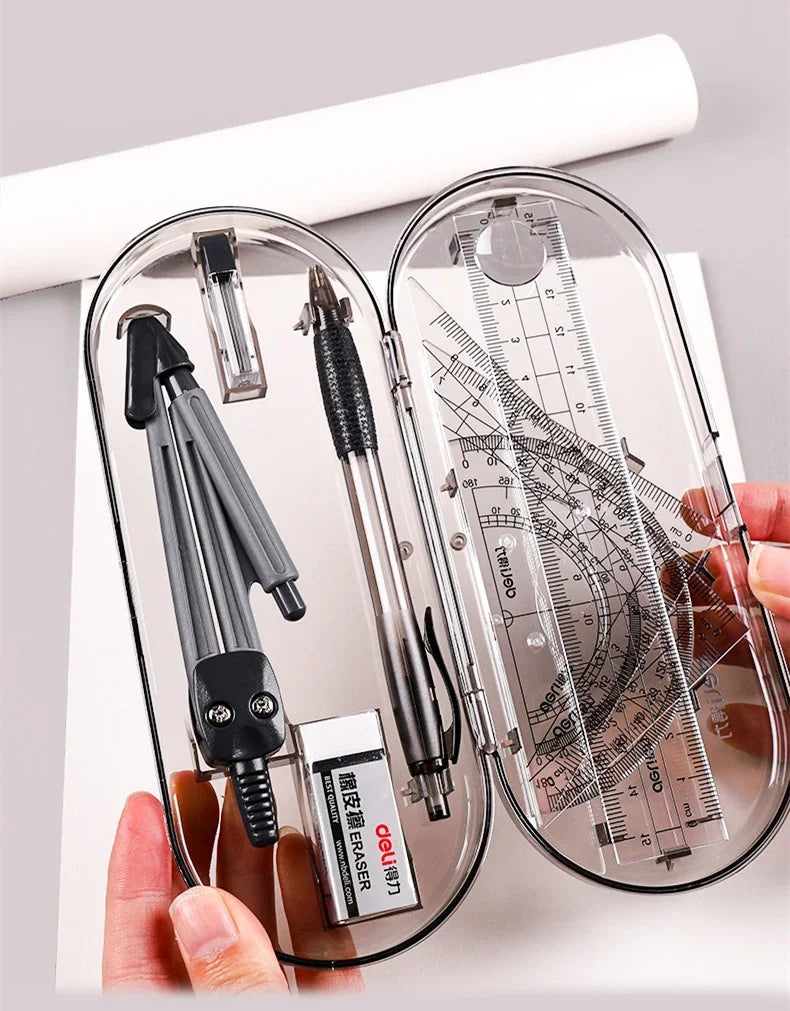 DELI Professional Drafting Tools Set 8PCS Drawing Kit with Compass Ruler Protractor Geometry Set for Students