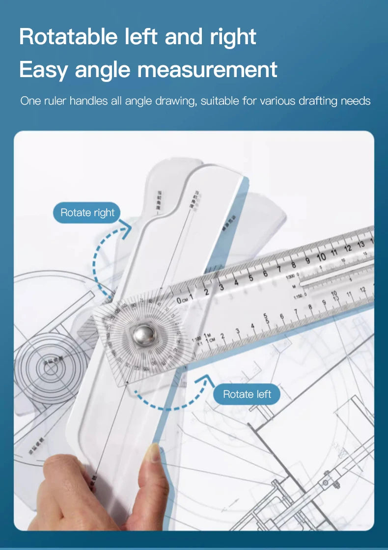 2/1pcs Multifunction Rotatable T-Square Ruler 4mm Thicken Plastic Math Line Circular Transparent Folding Geometric Drawing Ruler