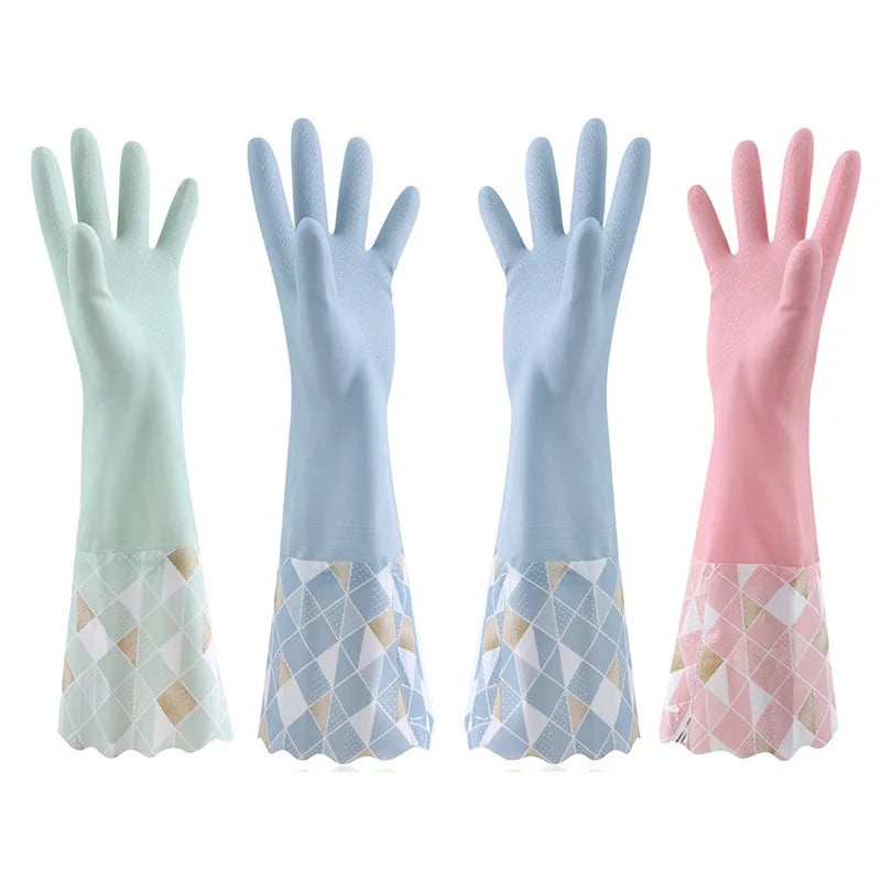 Waterproof Rubber Latex Velvet Gloves, Durable, Cleaning, Washing Clothes, Household, Kitchen, Winter