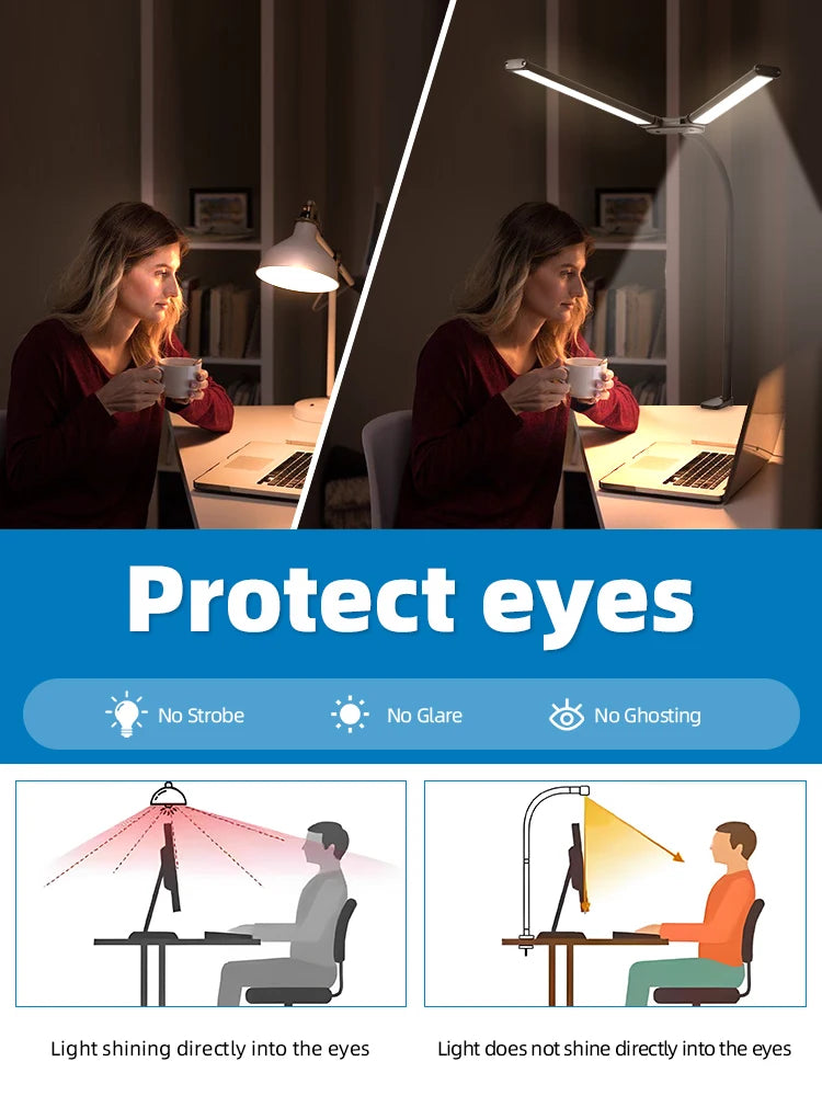 Double Head LED Desk Lamps Led Computer Monitor Light Stepless Dimmable USB Table Lamp for Office Study Reading Lighting Fixture