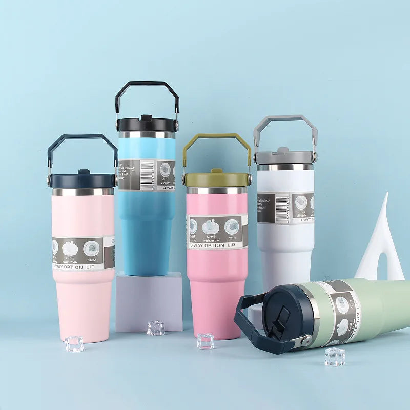 30OZ Portable Car Cup Stainless Steel Thermos Cup with Straw Travel Sports Water Bottle With Handle Cover Coffee Vacuum Flask
