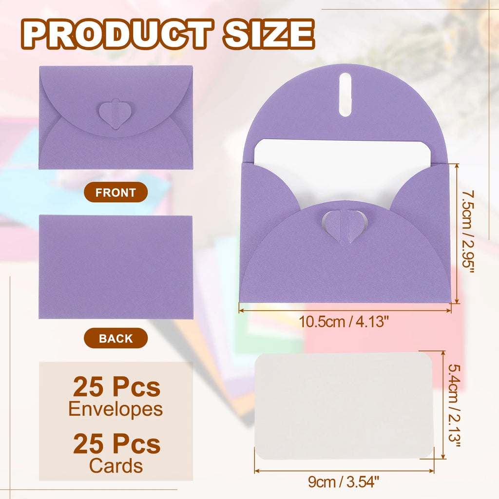 25Sets Mini Envelopes with Heart Clasp 9x5.4cm Blank Note Cards with 10.5x7.5cm Envelopes for Gift Wedding Invitation Graduation
