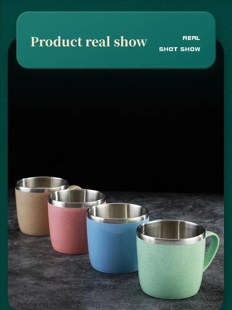 Double Layer Anti-scalding Stainless Steel Cups Plastic Handle Coffee Milk Mug Tea Drinks Water Cup for Home Office Tumbler