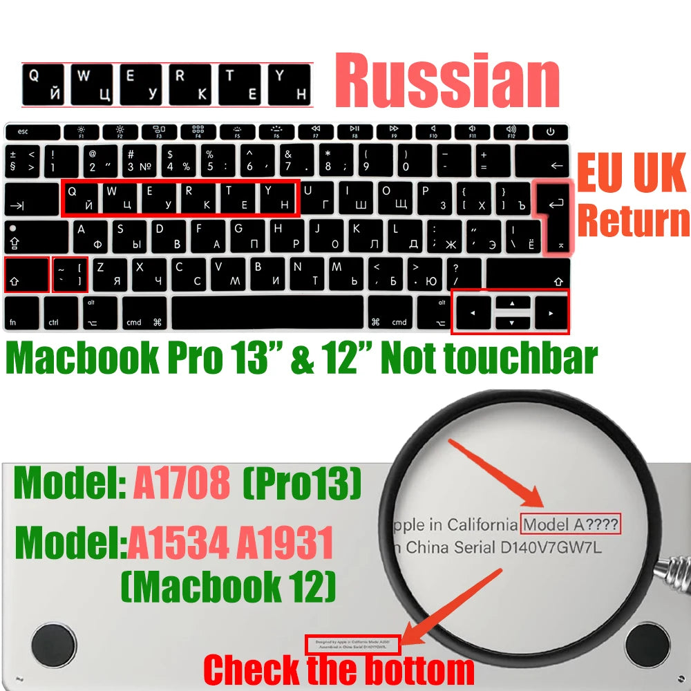 Russian Layout MacBook Pro Keyboard Cover 14" 16" M4 M3 M2 M1 Pro, MacBook Air 15" 13.6" M3 M2 Silicone Skin, US/EU Version