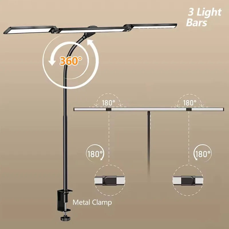 LED Desk Lamp Eye-Caring Desk Light with Stepless Dimming Adjustable Flexible Gooseneck with Clamp for Reading Study Workbench
