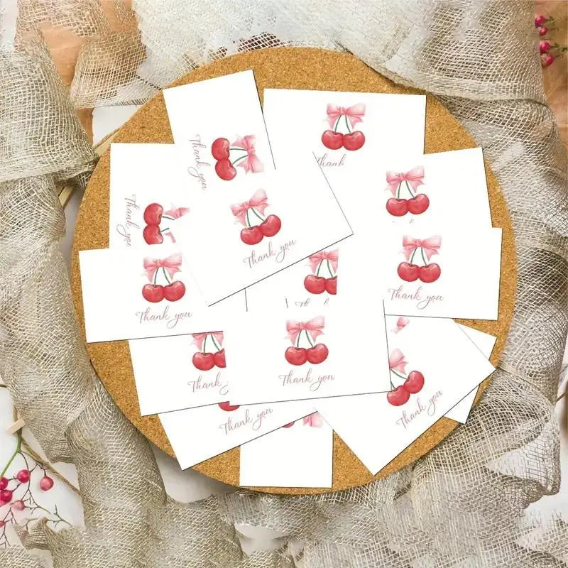 50pcs Business Thank You Cards Cherry & Pink Bow Design Celebration Invitations Gift Wrapping Cards For Party