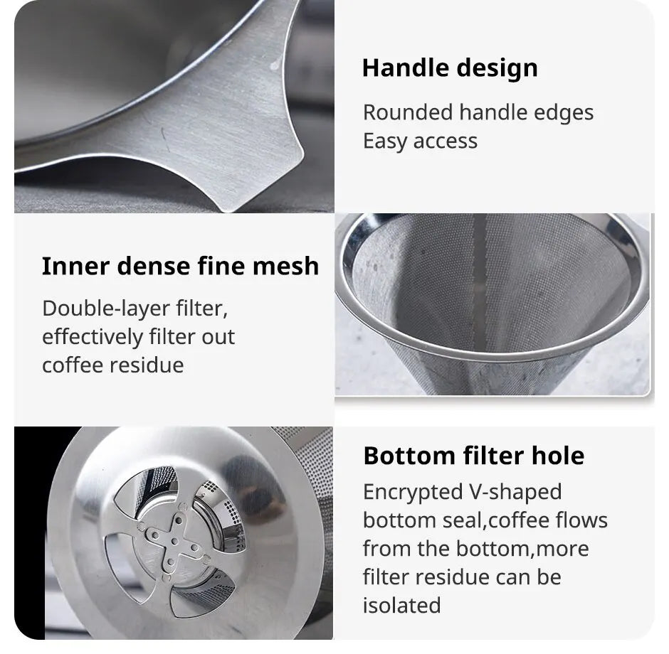 Portable Coffee Filter Stainless Steel Easy Clean Reusable Double Layer Coffee Funnel Paperless Pour Over Holder Coffee Dripper