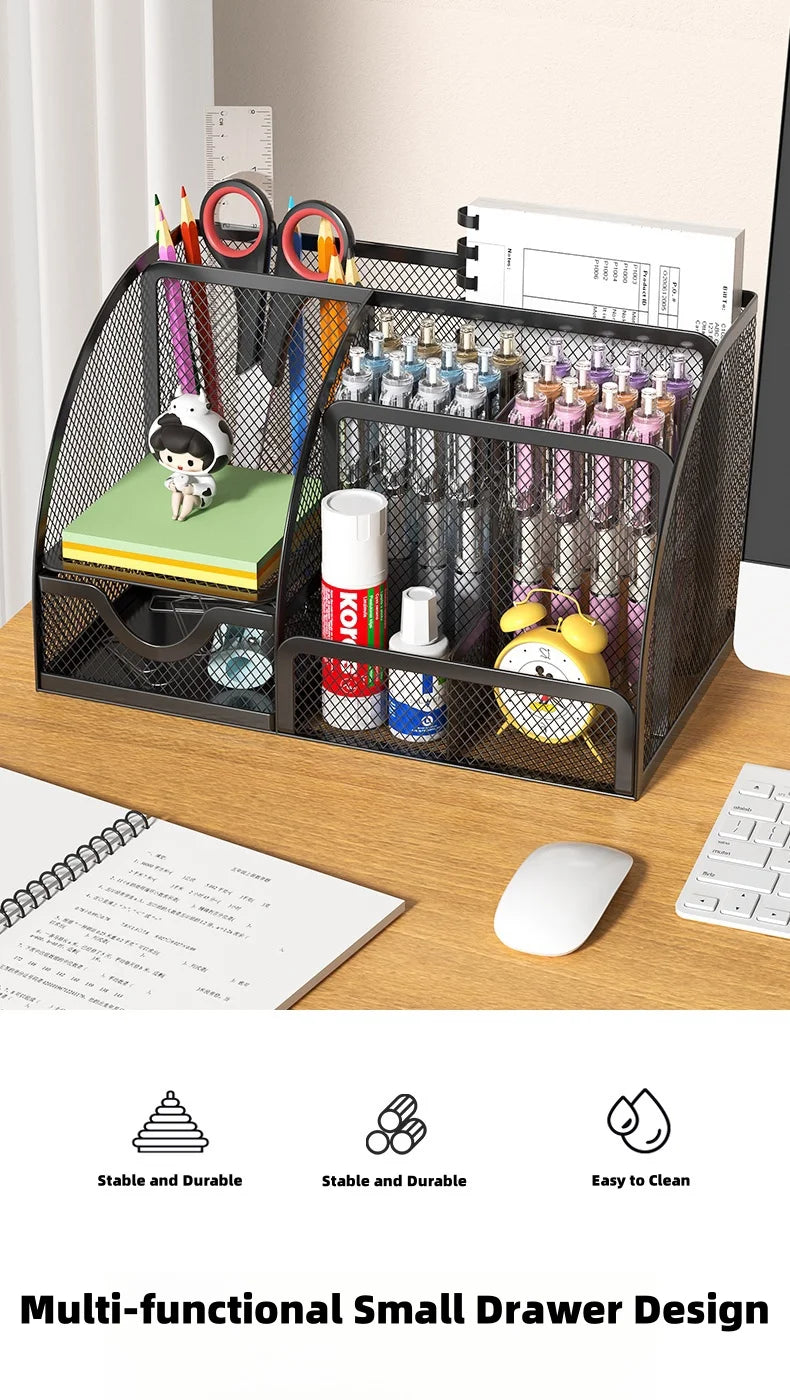 7 Compartment Metal Mesh Desktop Organizer with Drawer Pen Pencil Holder Stationery Storage for Home Office School Students Dorm