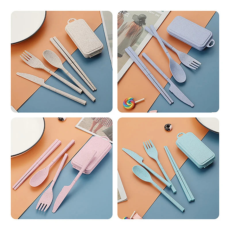 Portable Wheat Straw Fork Cutlery Set Foldable Folding Chopsticks Cutlery Set With Box Travel Kitchen Accessories