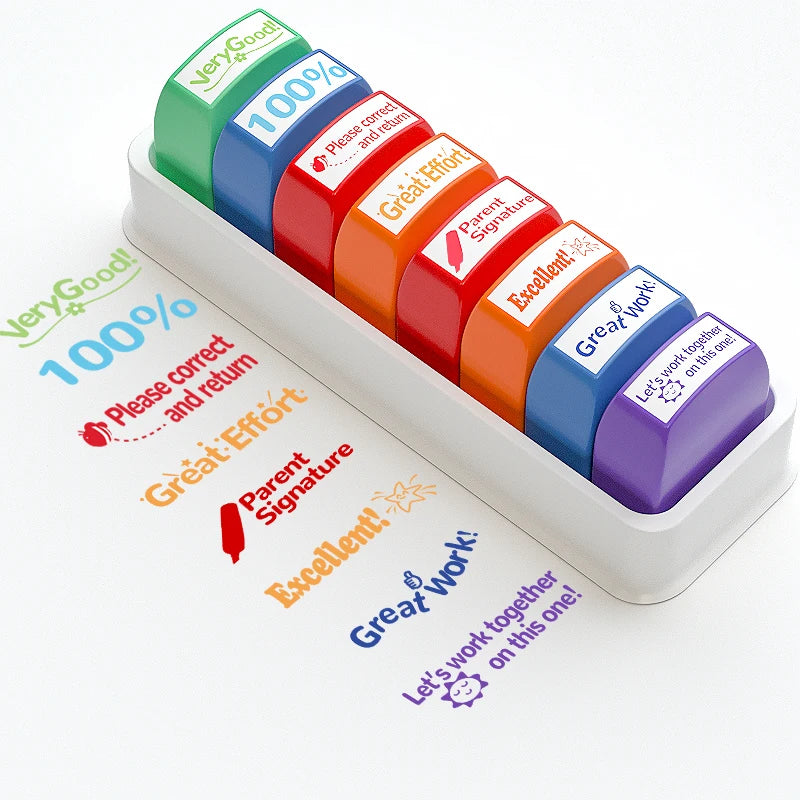 8 Teacher stamps Classroom Teacher Fun Automatic inking stamps for Grading Office Teachers English Spanish Optional Teacher