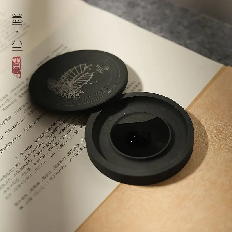 Natural Original Stone Inkstone Table with Cover End Ink Pond Plate Strip Grinding Student Beginners