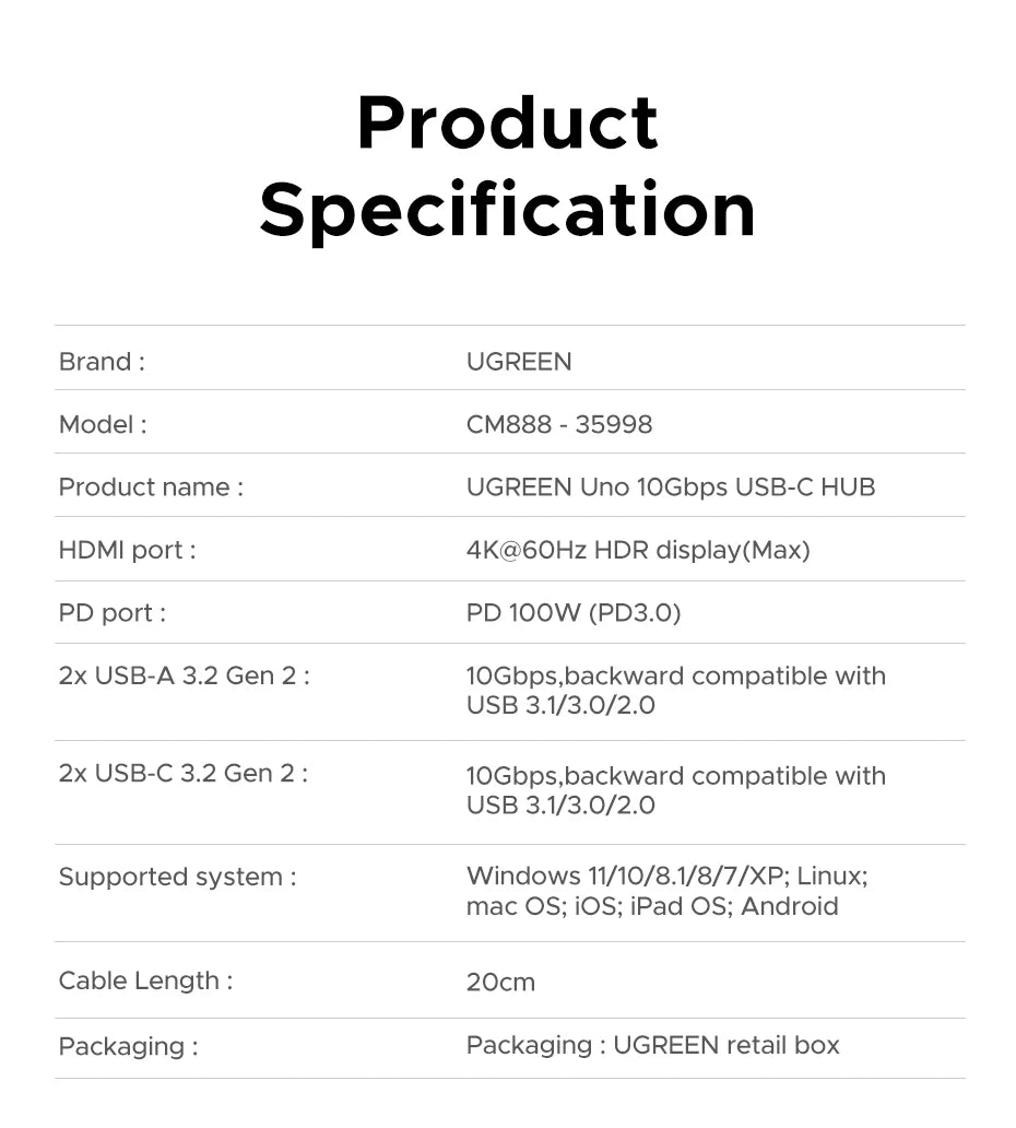 UGREEN Uno USB C HUB 6-in-1 4K60Hz PD100W 10Gbps USB3.2 Splitter Adapter for Laptop Macbook Pro Air USB Expander Docking Station