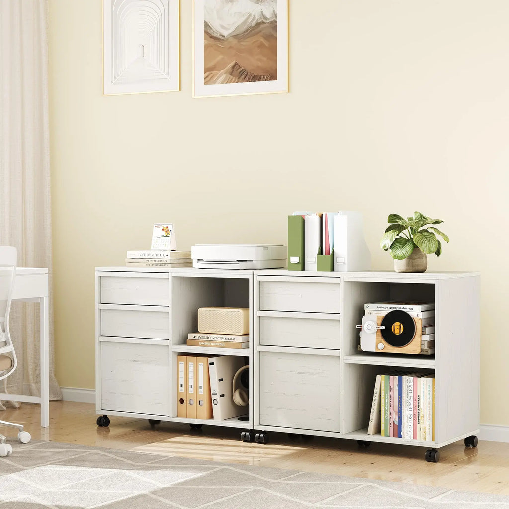3 Drawer File Cabinet with Open Shelves, Rolling Lateral Filing Cabinet for Letter/A4, Mobile Wood Printer Stand on Wheels, Home Office Storage Organizer