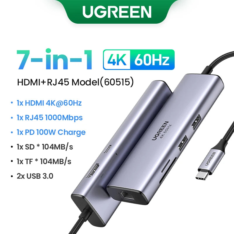 UGREEN USB HUB 7-in-1 Type-C to 4K60Hz HDMI SD&TF 5Gbps USB3.0 PD100W for Lapop Macbook Accessories USB Splitter Docking Station