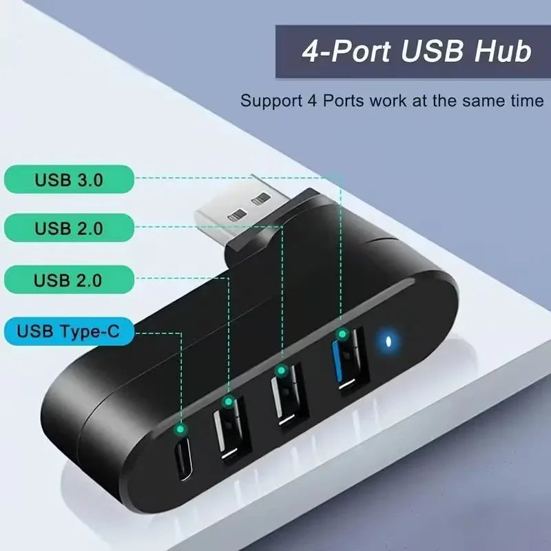 4-Port USB 3.0 Hub [90°, 180° Rotatable], USB Splitter, 3 USB Ports and 1 USB C Power/Data Port, USB Extender for Laptops, Cars,