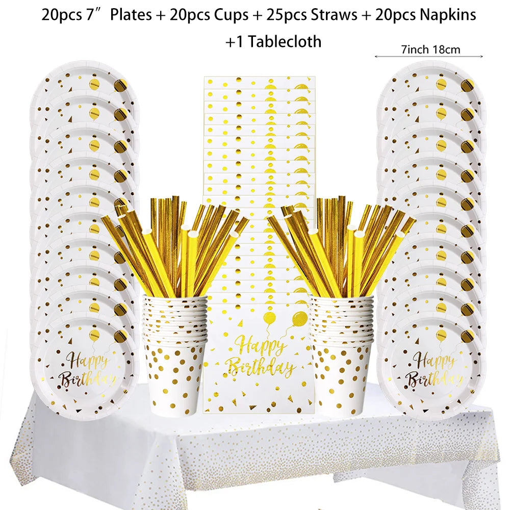 White Gold Birthday Disposable Tableware Polka Dots Paper Plate Cup Napkin Tablecloth Wedding Birthday Party Decoration Supplies