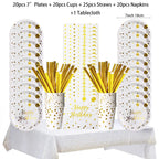 White Gold Birthday Disposable Tableware Polka Dots Paper Plate Cup Napkin Tablecloth Wedding Birthday Party Decoration Supplies