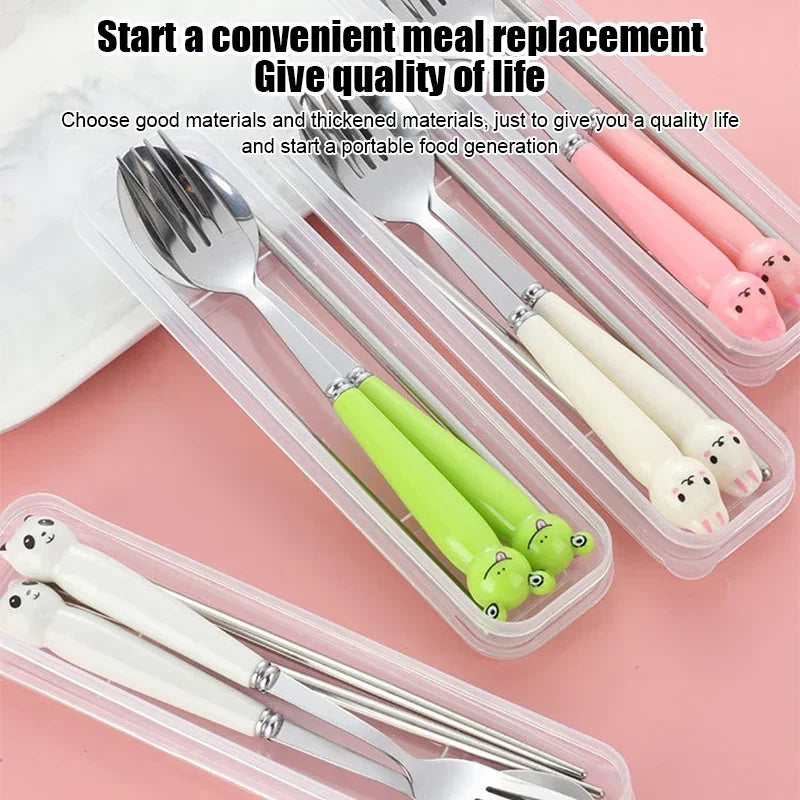 Cute Cartoon Travel Tableware with Case Portable Utensils Cutlery Set Reusable Flatware Silverware Include Fork Spoon with Case