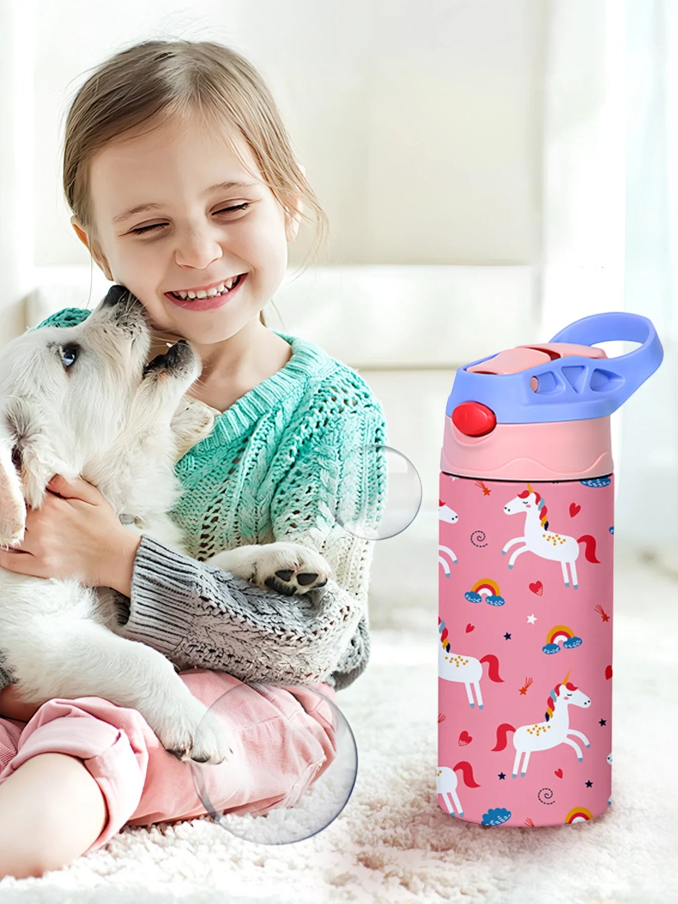 350ml Cartoon Pattern Vacuum Cup Kids Insulated Water Bottle Cute Animal Straw Thermos Mug Handheld Kettle for Outdoor School