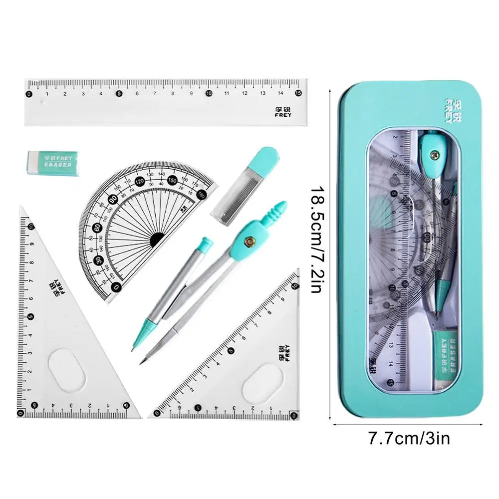 7PCS Stainless Steel Compass Set Math Geometry Tools with Eraser Ruler Student Carpenter Drafting Drawing School Supplies
