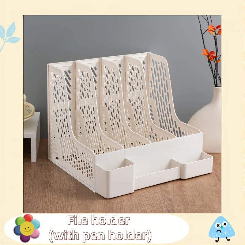 Multi-Layer A4 Document Holder Rack, PP Material Desk Organizer with Storage Box and Bookshelf for Office Supplies, File Rack