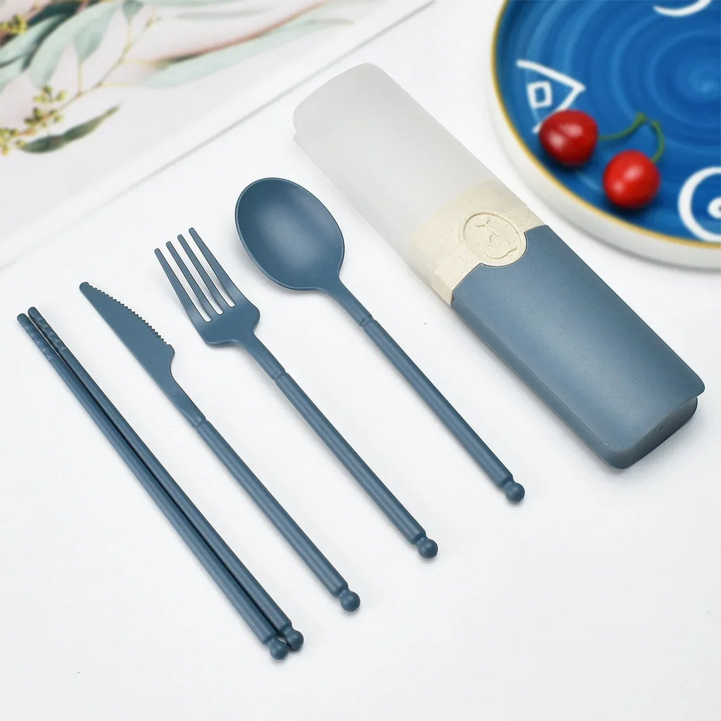 Portable Reusable Spoon Fork Travel Picnic Chopsticks Wheat Straw Tableware Cutlery Set With Carrying Box For Student Office
