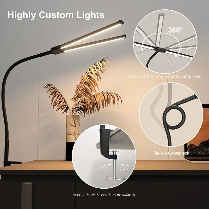 Double Head Desk Lamp Clip-on LED 3 Modes Brightness Adjustable USB Adapter Suitable for Reading Studying Piano Monitors Office