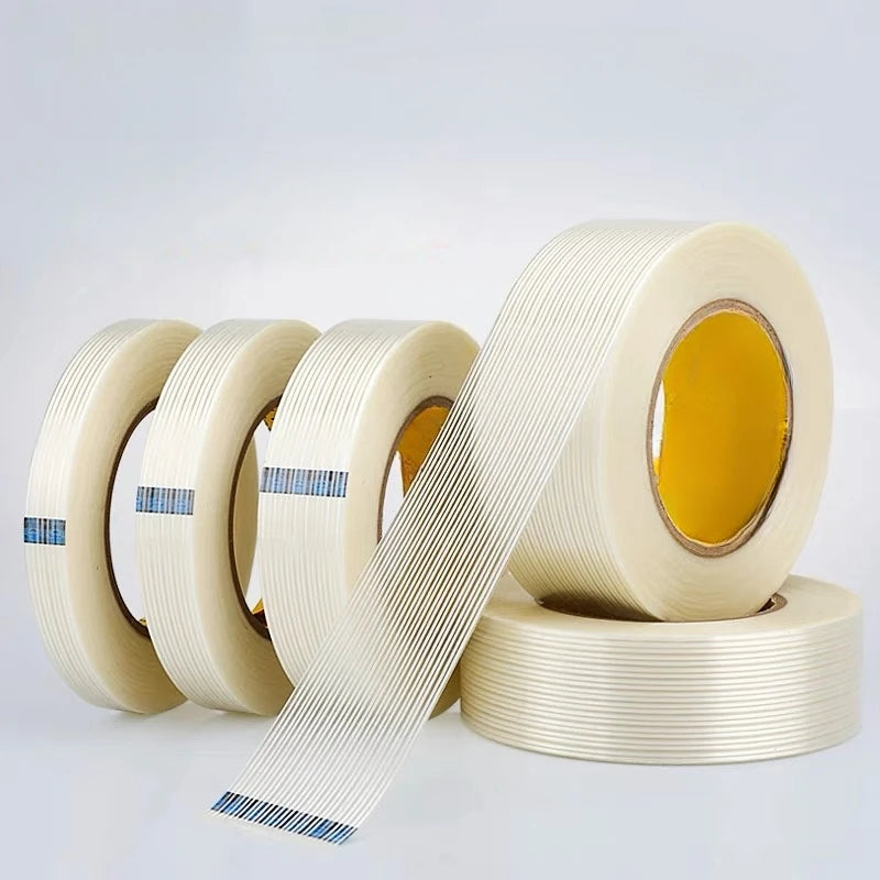 25m Striped Fiber Tape Transparent Single Side Adhesive Fiberglass Tape Insulation Wrap for Lithium Battery Pack Packaging Fixed