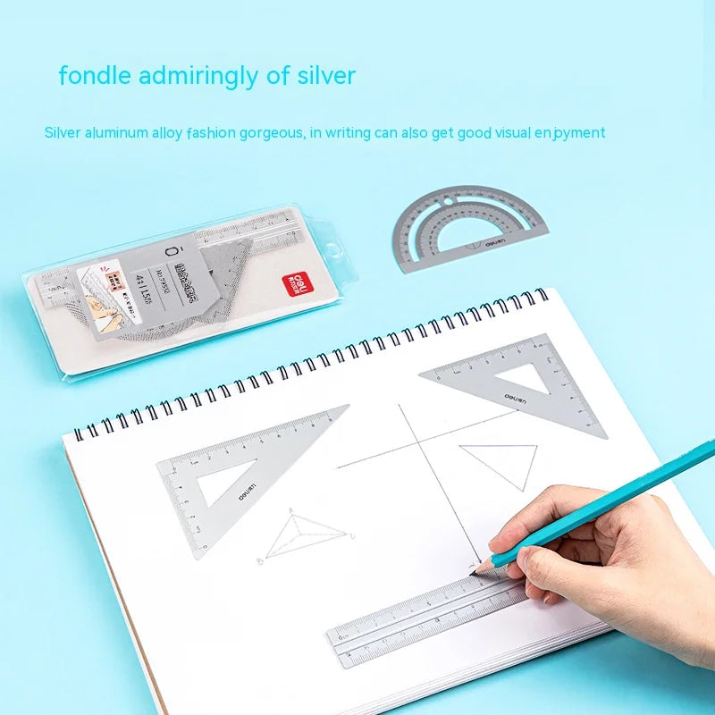Deli 4Pcs Student Stationery Set Triangle Ruler Straight Ruler Grid Ruler Angle Measuring Tool Aluminum Alloy Material