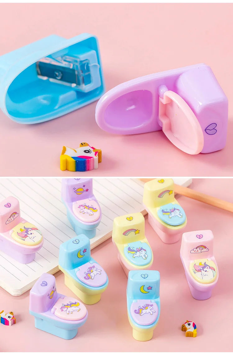 1 Piece Lytwtw's Stationery Pencil Sharpener Creative Toilet Shape Cartoon Unicorn School Supplies Gift Accessories with Eraser