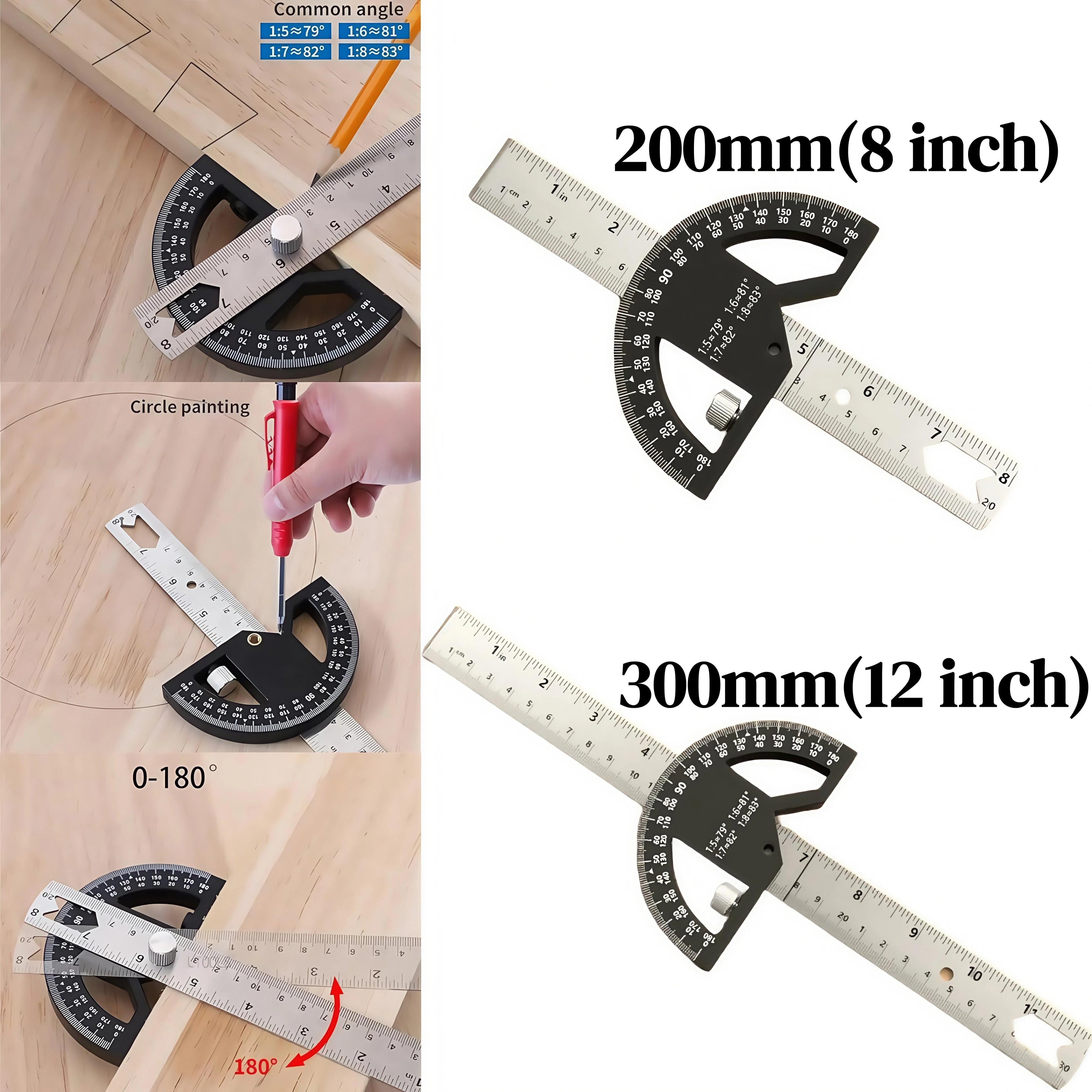 8/12Inch 180° Protractor Aluminum Alloy / Plastic Angle Finder Angle Ruler Woodworking Tools Measuring Ruler Meter Goniometer