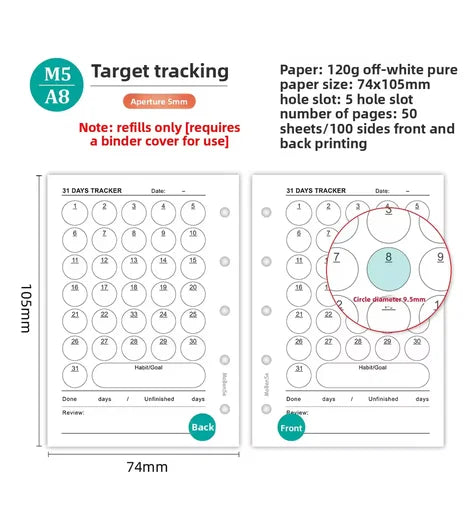 M5 20 Sheet Triple Fold Colorful Loose Leaf Notebook Refill Spiral Binder Inner Page Weekly Monthly To Do Line Grid Inside Paper