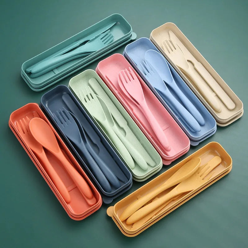 3Pcs/set Wheat Straw Dinnerware Set Portable Tableware Knife Fork Spoon Eco-Friendly Travel Cutlery  Utensil Box Chopsticks