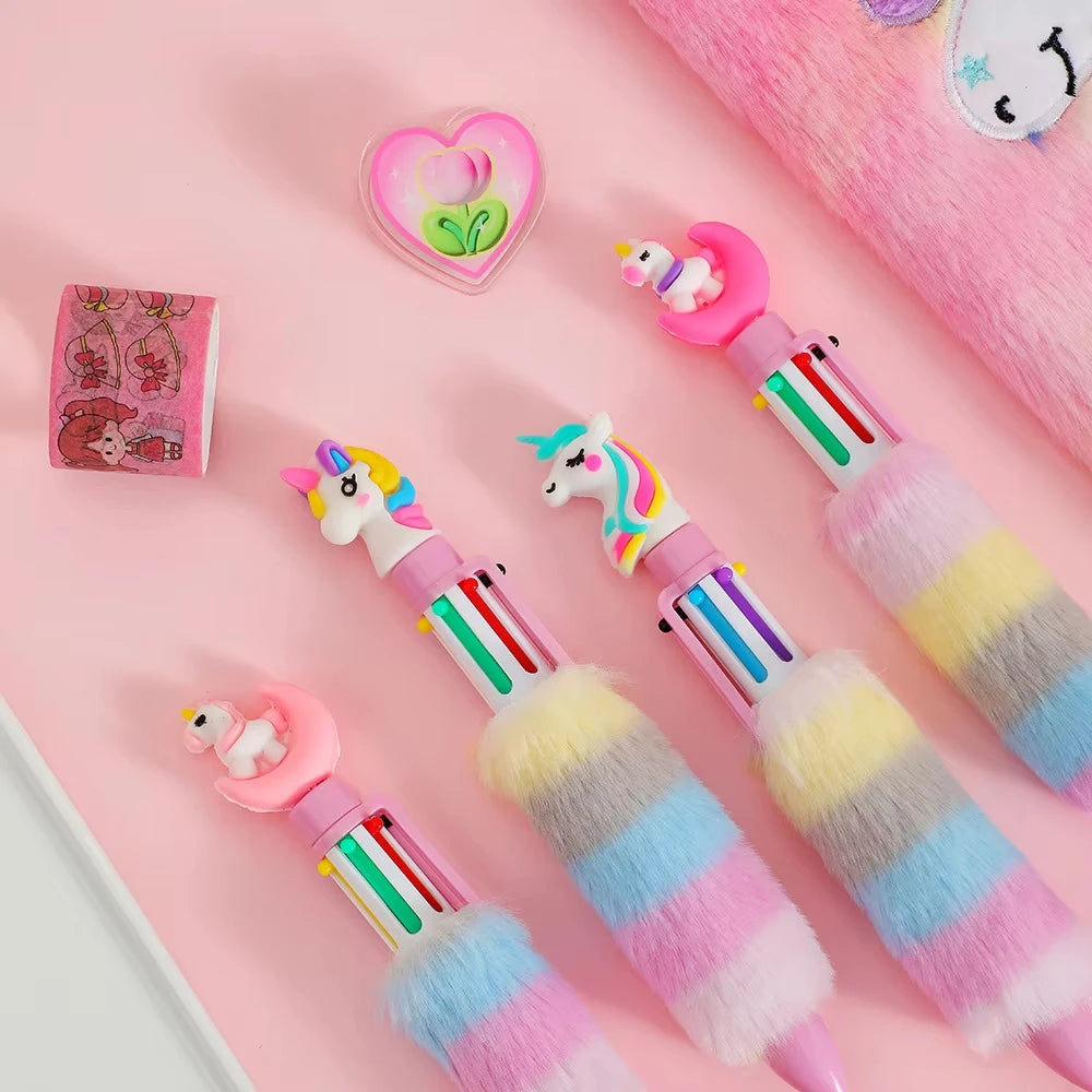 2PCS Children's Unicorn Plush Gel Pen Set 6 Colors Rainbow Ball-point Pens Cartoon Girl Handwriting Tools for Students