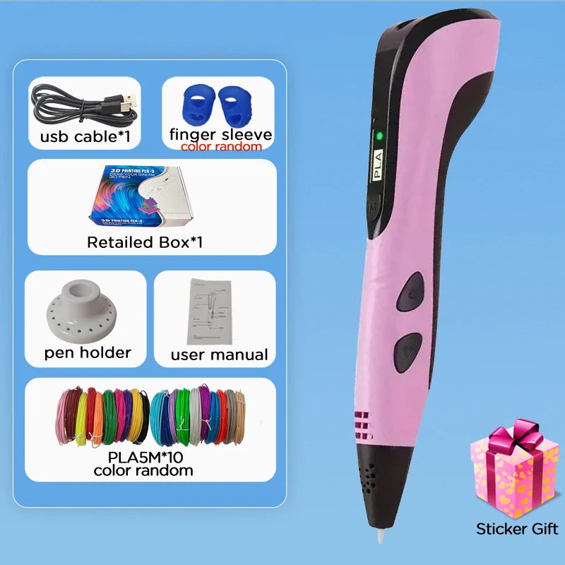 3D Pen Kids 40 Colors PLA Filaments 3D Priting Pen Children DIY Drawing Pens Type C Port Boys Girls Christmas Birthday Gifts
