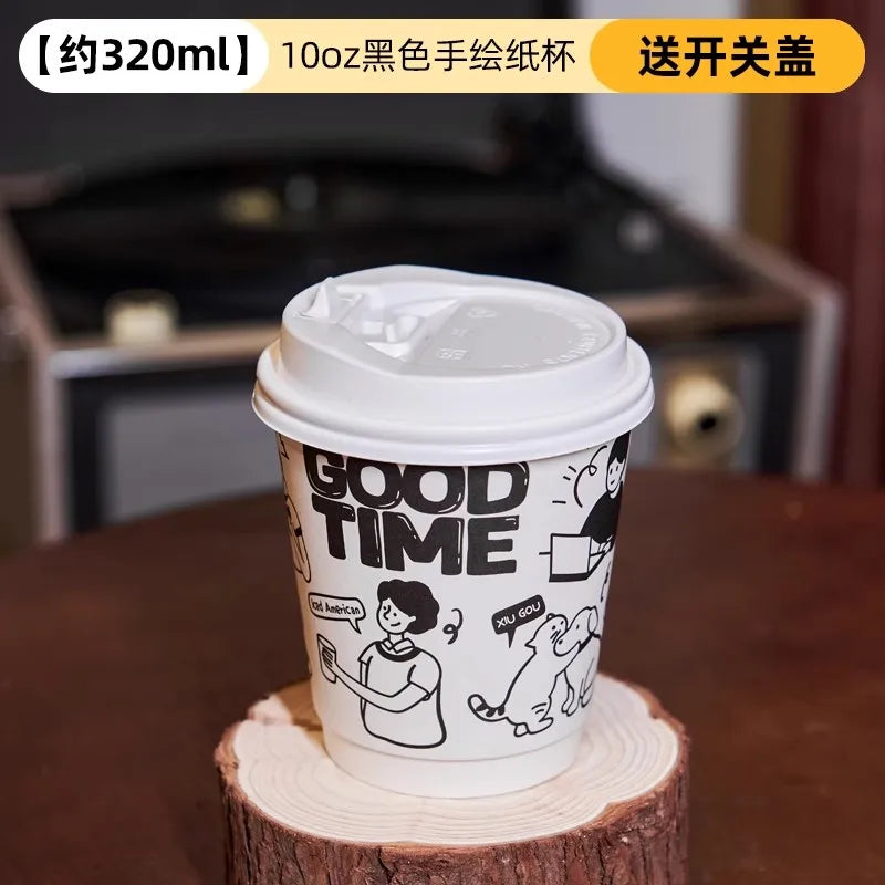 50pcs Cartoon Graffiti Coffee Cups 90 Caliber Disposable Fresh Milk Juice Paper Cup Milk Tea Hot Drink Takeaway Packaging Cup
