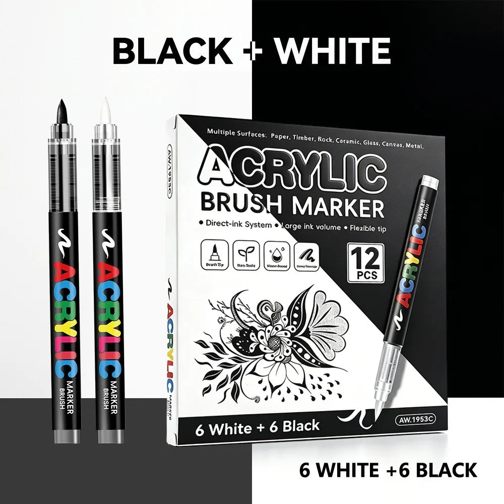12 Pcs Black and White/Gold and Silver Acrylic Paint Markers Set, Large Ink Capacity, Skin Color Brush Markers Pen Art Supplies