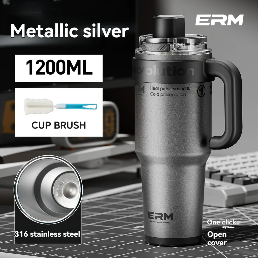 1200ML Extra Large Ceramic Tumbler Drinkware Stainless Steel Water Bottle Insulated Vacuum Flask Straw & Handle Leakproof