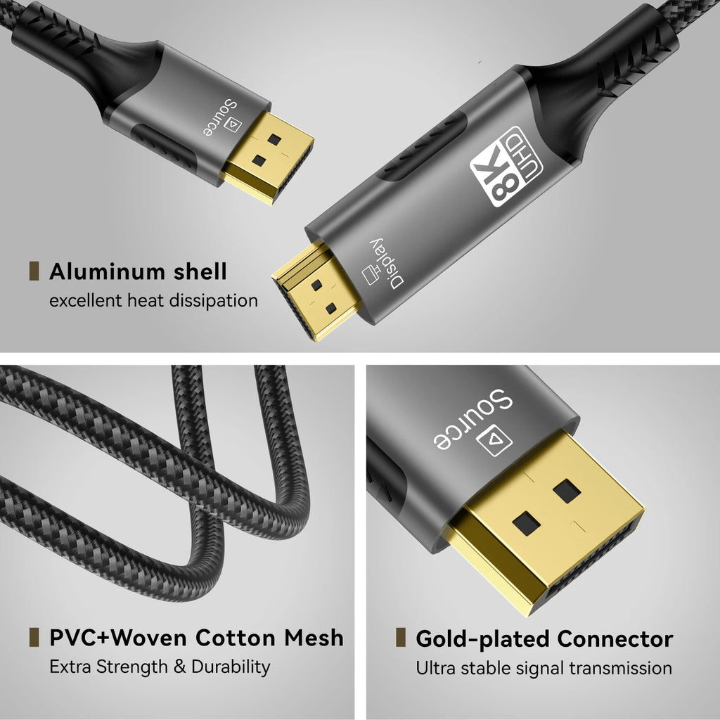 8K DP to HDMI 2.1 Cables  Audio Video Converter Unidirectional Adapter 8K@60Hz 4k@120Hz  For HDTV Projector laptop Monitor