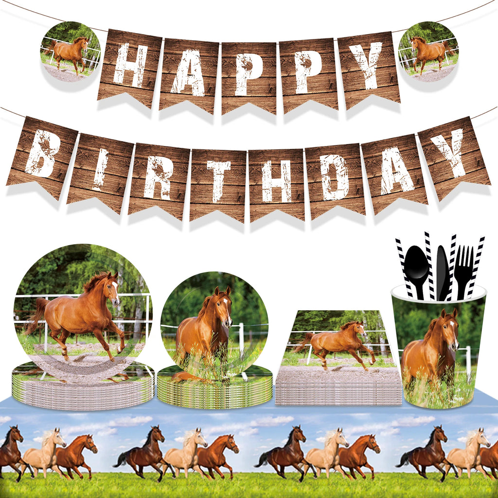 Horse Race Party Disposable Tableware Sets Plates Tablecloth Napkins Hanging Streamers Dinnerware For Birthday Party Decoration