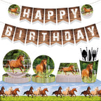 Horse Race Party Disposable Tableware Sets Plates Tablecloth Napkins Hanging Streamers Dinnerware For Birthday Party Decoration