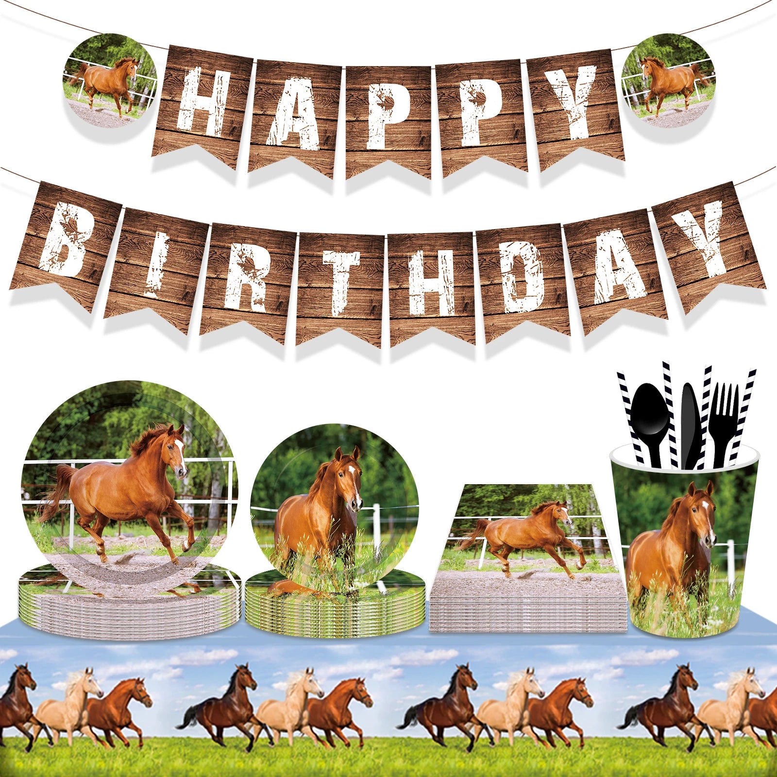 Horse Race Party Disposable Tableware Sets Plates Tablecloth Napkins Hanging Streamers Dinnerware For Birthday Party Decoration