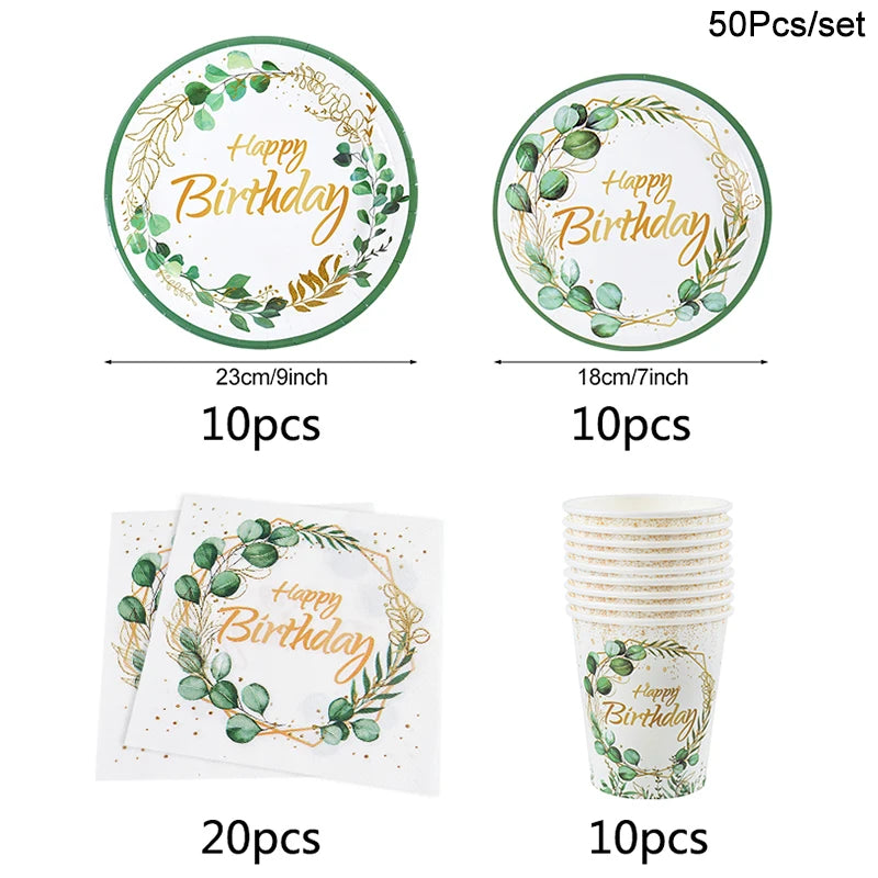 Green Eucalyptus Leaf Disposable Tableware Paper Plate Cup Napkin Banner Kids Adult Happy Birthday Birthday Party Decor Supplies