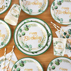 Green Eucalyptus Leaf Disposable Tableware Set Paper Plate Cup Napkin Kids Adult Birthday Supplies Hawaiian Summer Party Decor