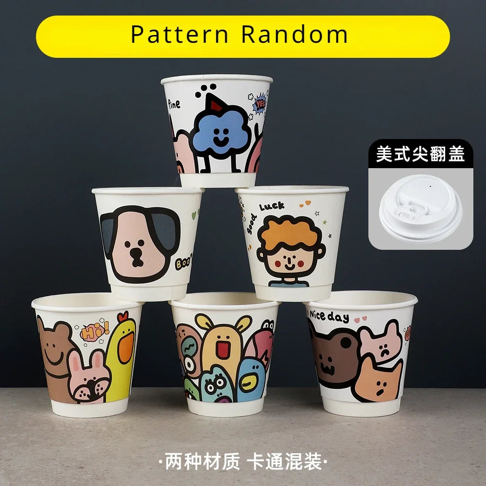 25pcs 90 Caliber Disposable Coffee Cups Fresh Milk Hot Drink Thickened Cartoon Paper Cup Milk Tea Takeaway Packag Cup with Lid