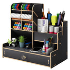 Wooden Desk Organiser DIY Desktop Tidy Pen Holder Large Capacity Stationery Storage Box with Drawer for Home Office and School