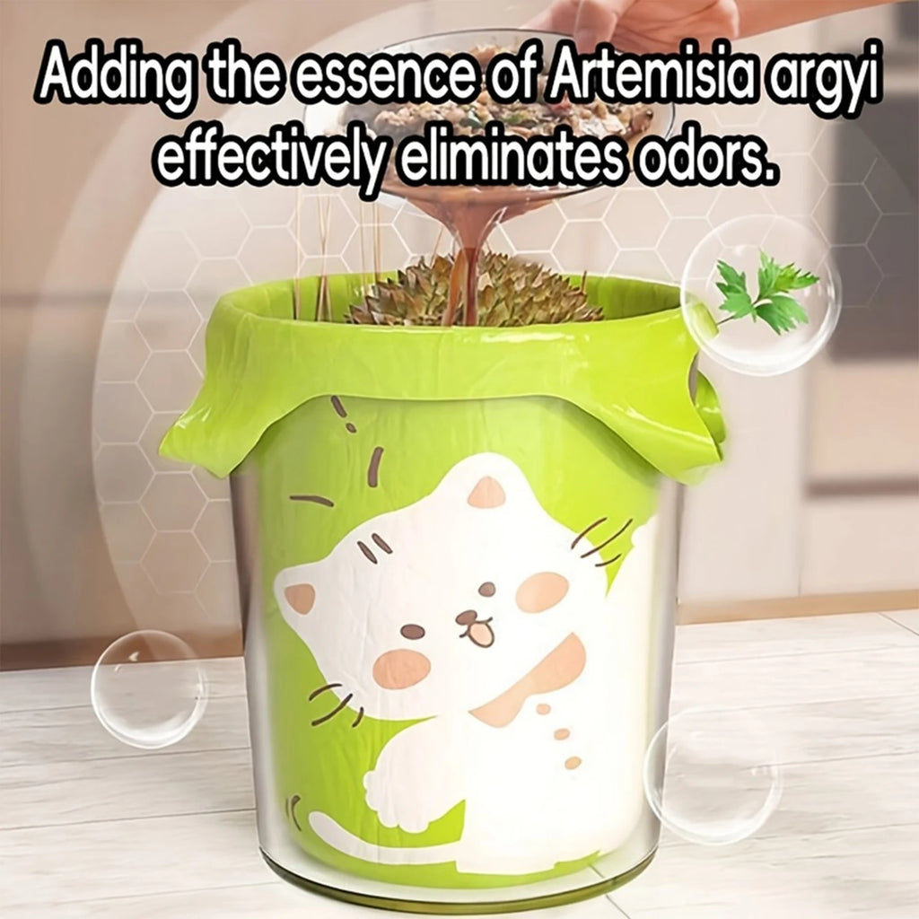 10/60pcs Cute Cat-printed Green Portable Thickened Garbage Bags Household Disposable Trash Bags Bathroom Kitchen Accessories