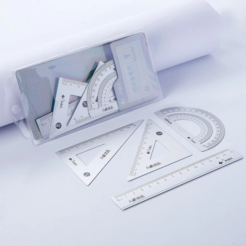 4pcs Aluminum Ruler Set,Drafting Set,With Storage Box Straight Ruler,Protractor,Students Measure Ruler Set Multi-Function Set