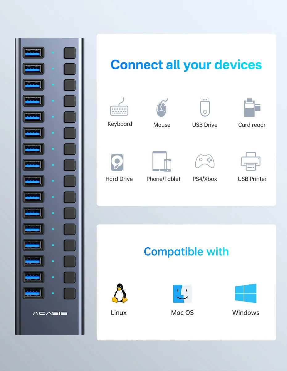 Acasis 16/10/7 Port USB Hub 10Gbps Individual Switch Charging Data Transfer for PC Laptop Workstation Multi Device Expansion