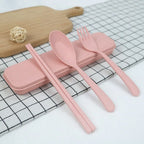 New Plastic Cutlery Set With Storage Box Simplicity Fork And Chopsticks Set Portable Wheat Straw Tableware